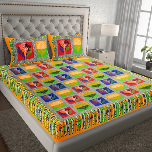 Jaipuri 3D yellow peacock print double bedsheet set with 2 pillow covers