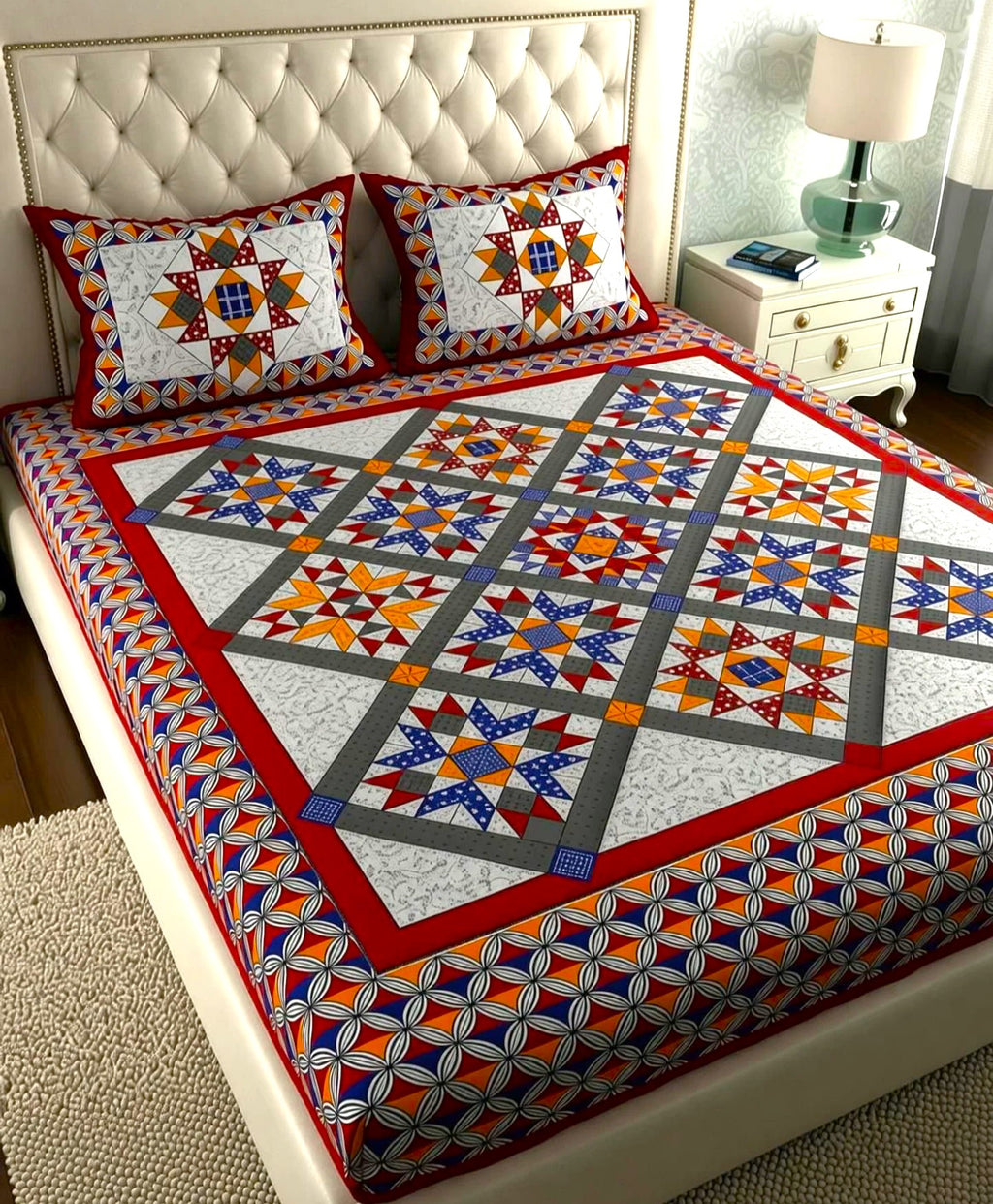 Jaipuri patchwork double bedsheet set on bed - full view