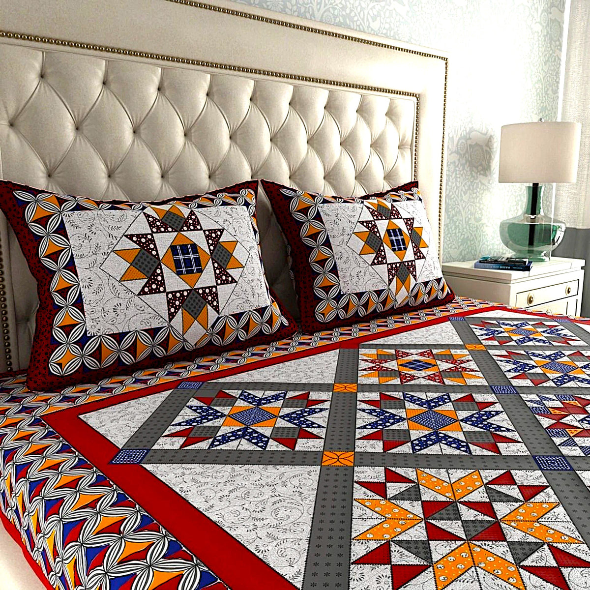Jaipuri patchwork double bedsheet with pillow covers
